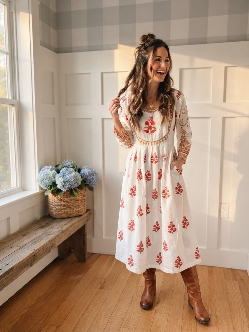 Embroidered White Midi Dress with Red Floral Motif and Long Sleeves Small